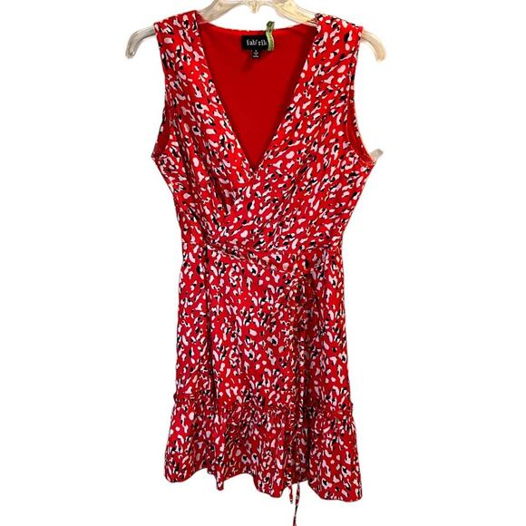 fab'rik Leopard Print Mini Wrap Dress Womens Small Red White Black Ruffle Hem - Picture 11 of 13